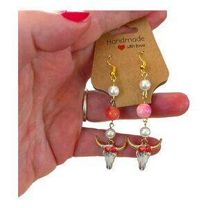 Handmade Floral Cow Skull Charm Boho Earrings with stone accents